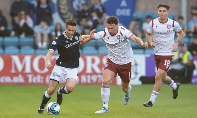 Dundee's Cammy Kerr and Arbroath's Michael McKenna go at it