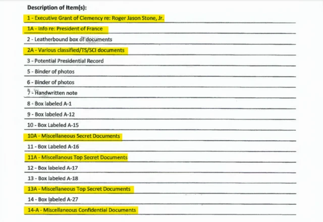 A receipt of items taken, in part, listing several confidential documents