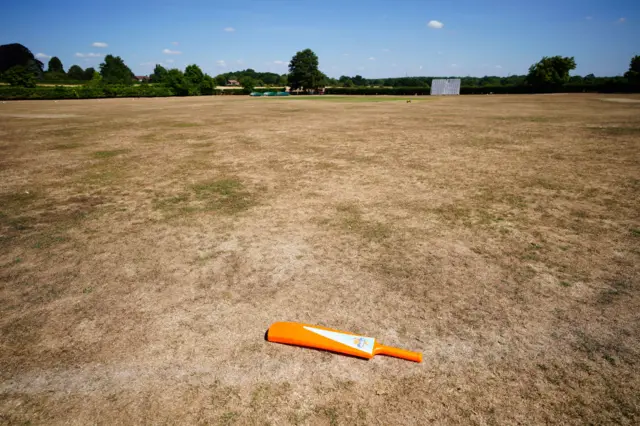 Parched grass at the cricket green in the village of Odiham in Hampshire