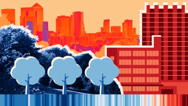 BBC graphic shows a city skyline with buildings in red and trees in blue