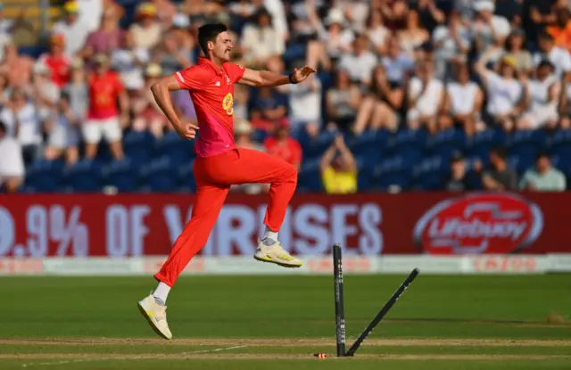 George Scrimshaw celebrating a wicket for Welsh Fire