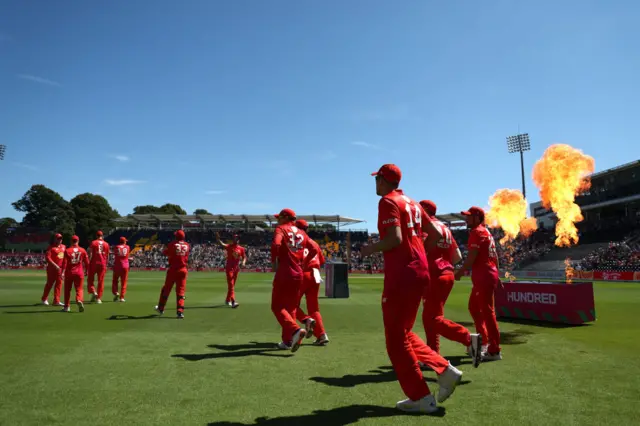 Welsh Fire men's team running out on to the pitch against Oval Invincibles