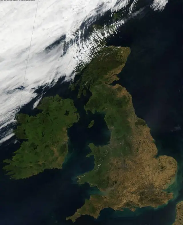 Satellite image dated 10/08/22 issued by Met Office of the UK from above showing the vast areas that have been affected by the prolonged dry conditions, leaving the parched land turning from green to yellow and brown