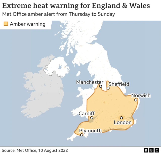 Map of the UK showing area where there is an extreme heat warning from Plymouth to Kent and  including Cardiff, Manchester, Sheffield and Norwich