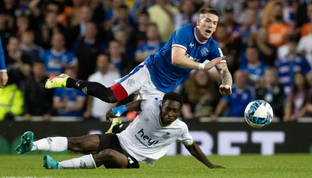 Rangers winger Ryan Kent is pulled down against Union Saint Gilloise