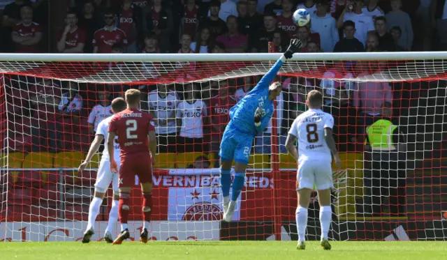 Aberdeen's Kelle Roos saves from Sean Goss early on