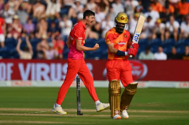 George Scrimshaw of Welsh Fire celebrates after taking the wicket of Moeen Ali