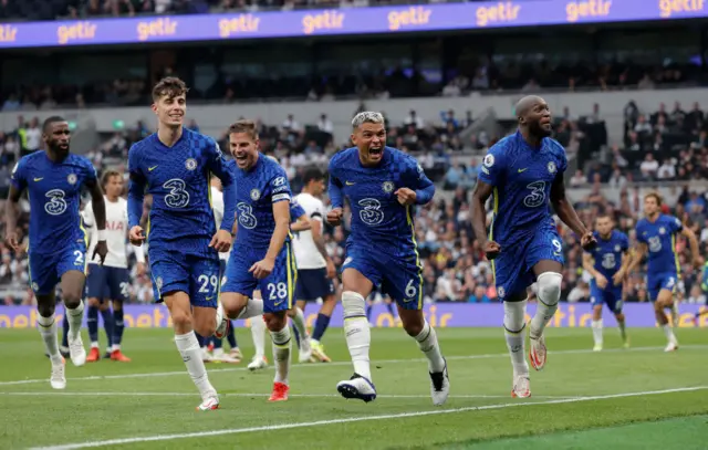 Thiago Silva celebrates scoring against Tottenham in September 2021