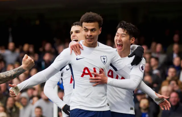 Dele Alli celebrates scoring against Chelsea in April 2018