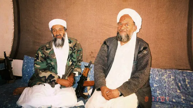 Osama bin Laden with adviser Ayman al-Zawahiri