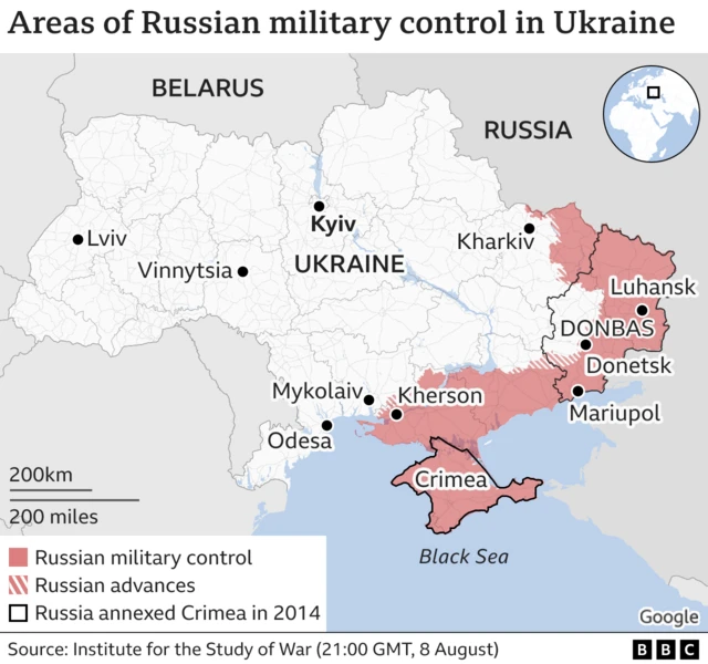 A map showing areas of Ukraine under Russian military control - in the east and south of the country.