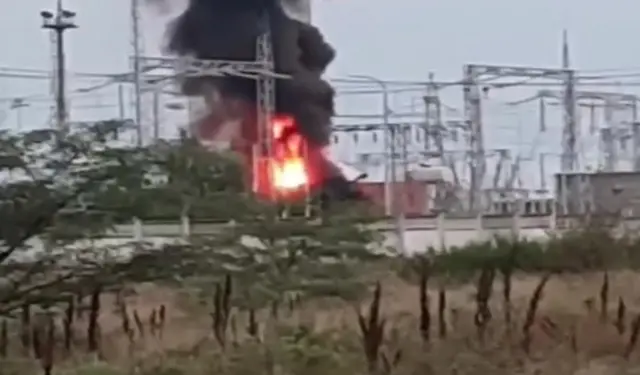 A transformer substation on fire after blast in Dazhankoi region, Crimea