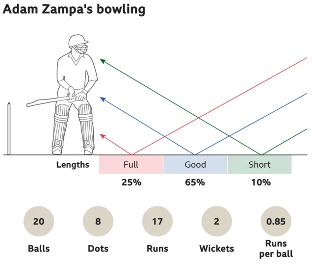 Adam Zampa's bowling: 25% full, 65% good length and 10% short. 20 balls, 8 dots, went for 17 runs, took 2 wickets with an economy of 0.85 runs per ball.