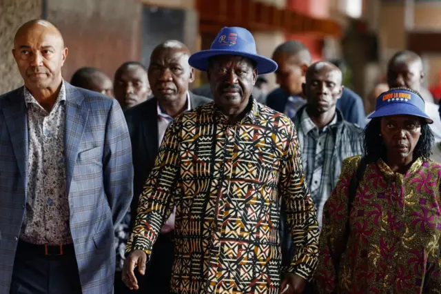 Raila Odinga arriving a press conference in Nairobi.