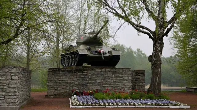 T-34 Tank memorial from WW2 showing where the Red Army crossed into Estonia in 1944