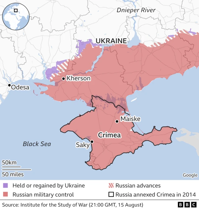 A map showing Russian military control in the south of Ukraine - with Russia controlling Crimea and large parts of the surrounding area to the north