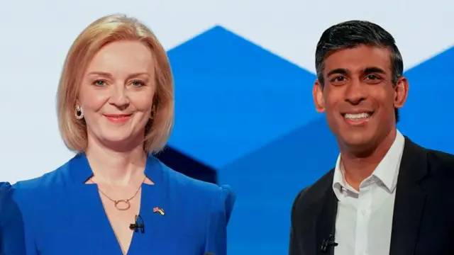 Liz Truss and Rishi Sunak pose for cameras ahead of a leadership debate last month