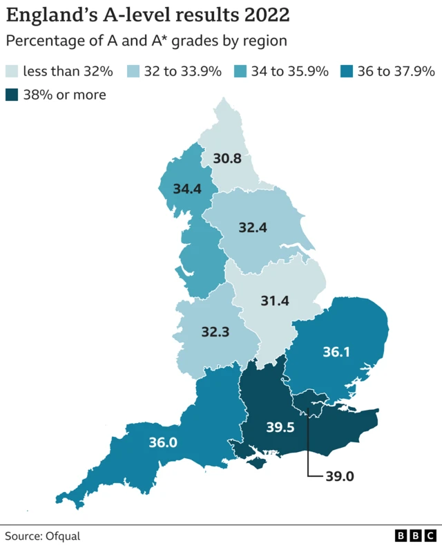 Map showing the percentage of students achieving A* or A grades by region