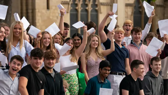 Pupils with their A-level results at Norwich School