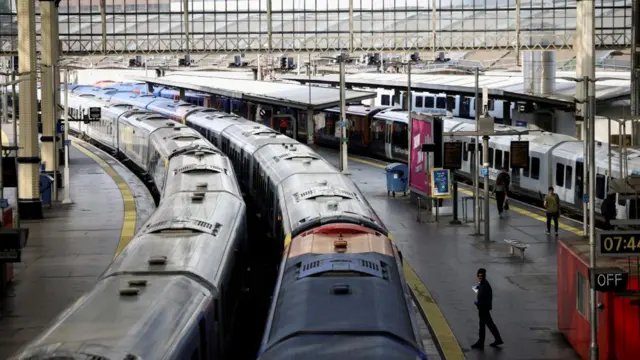 A view of trains on the platform at Waterloo Station.