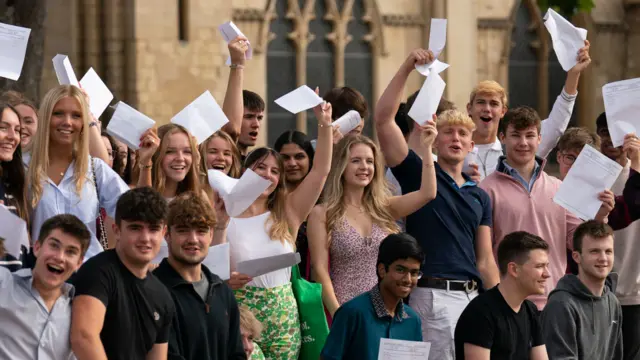 Pupils with their A-level waving their results at the camera at Norwich School