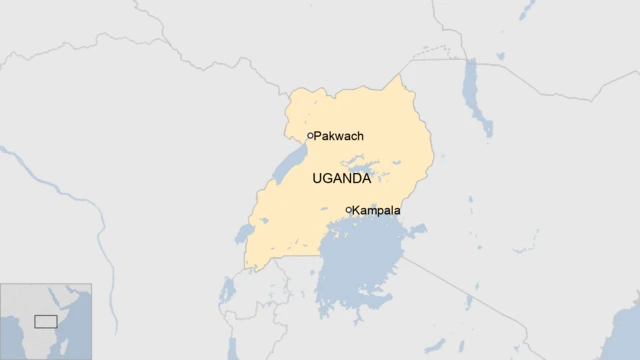 A map of Uganda showing Kampala and Pakwach.