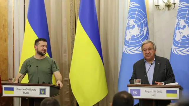 President Zelensky at a press conference with UN chief Antonio Guterres