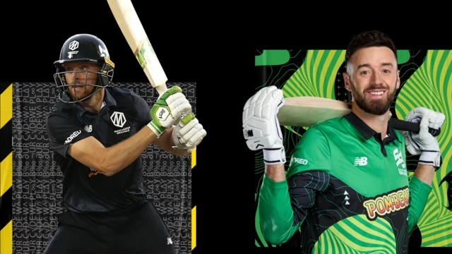 Graphic of Jos Buttler (left) batting for Manchester Originals next to James Vince for Southern Brave (right)