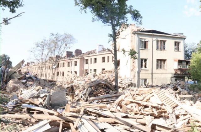 The rubble of destroyed houses following a Russian rocket attack in Kharkiv