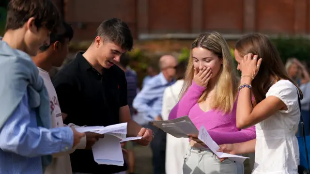 Students at Norwich School react after opening their A-level results