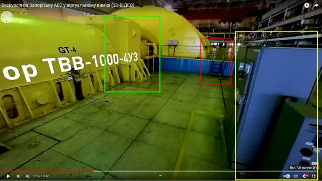 A screengrab from a 2019 video highlights three details inside the Zaporizhzhia nuclear power plant, which were also seen in the above image