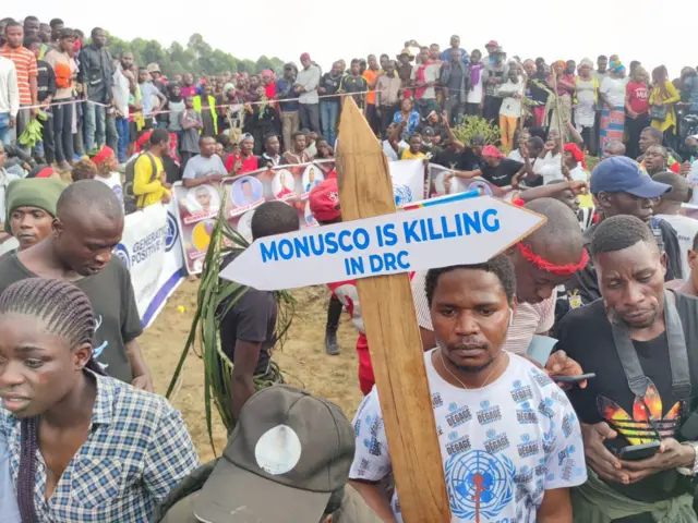 Hundred of people attend a funeral ceremony for peacekeepers who died in protests demanding the departure of the UN mission in Goma, Democratic Congo Republic on August 05, 2022.