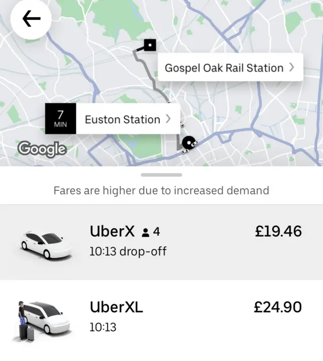 Uber screen shots showing higher fare for Euston to Gospel Oak