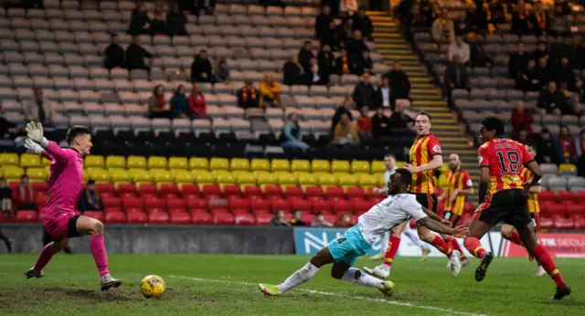 Samuels stretches to score at Firhill in May