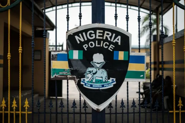 A picture shows the emblem of the Nigerian Police on the main gate at Rivers State Police headquaters in Port Harcourt,