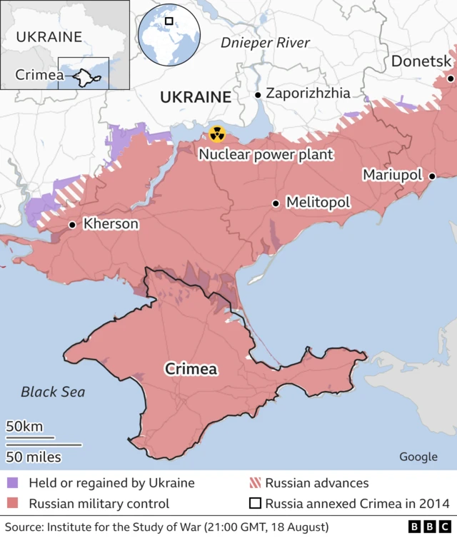 Map showing Zaporizhzhia nuclear power plant and crimea