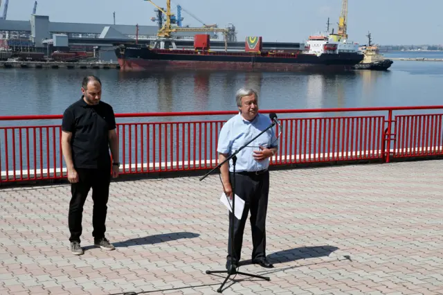 UN Secretary-General Antonio Guterres speaks to journalists at the end of his visit to the Odesa grain port,