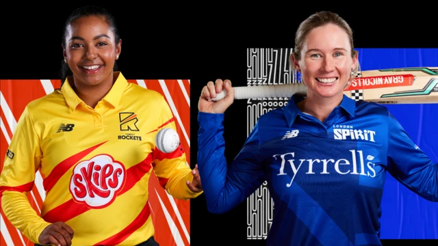 Graphic of Alana King (left) of Trent Rockets holding a cricket ball next to Beth Mooney (right) of London Spirit holding her bat over her shoulders