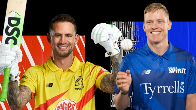 Graphic of Alex Hales (left) of Trent Rockets raising his bat next to Nathan Ellis of London Spirit holding a cricket ball