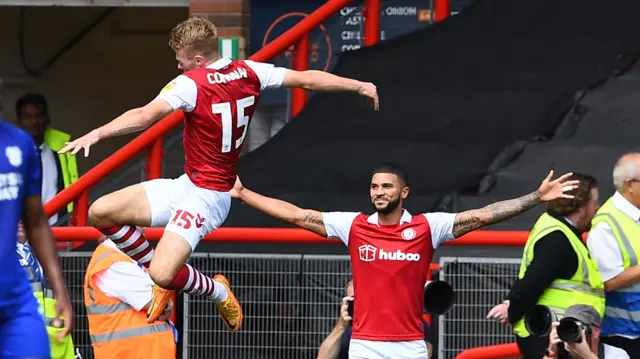 Tommy Conway celebrates opening goal with Nahki Wells