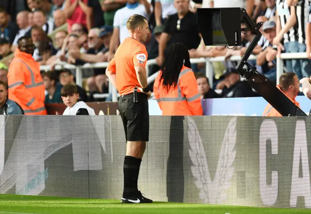 Referee Jarred Gillett checks the pitchside monitor