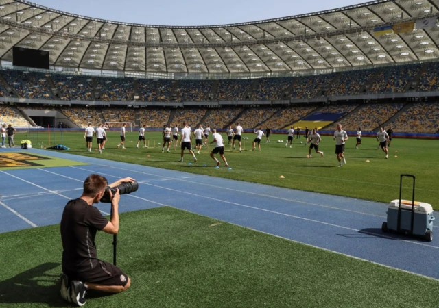 Shakhtar Donetsk's players train at the NSC Olimpiyskiy stadium before the first soccer match of the Ukrainian Premier League, as Russia's attack on Ukraine continues, in Kyiv