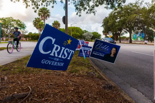 Roadside signs advertise the campaigns of Rep Charlie Crist and Nikki Fried