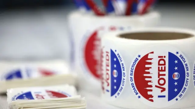 Voting stickers are seen during Primary Election Day at PS 130 on August 23, 2022 in the Windsor Terrace neighborhood of Brooklyn borough in New York City.