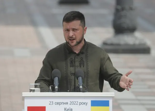 Ukrainian President Volodymyr Zelensky speaks during a joint press conference with his Polish counterpart (not pictured) in Kyiv, Ukraine, on 23 August 2022