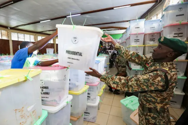 Soldier with ballot boxes in Eldoret