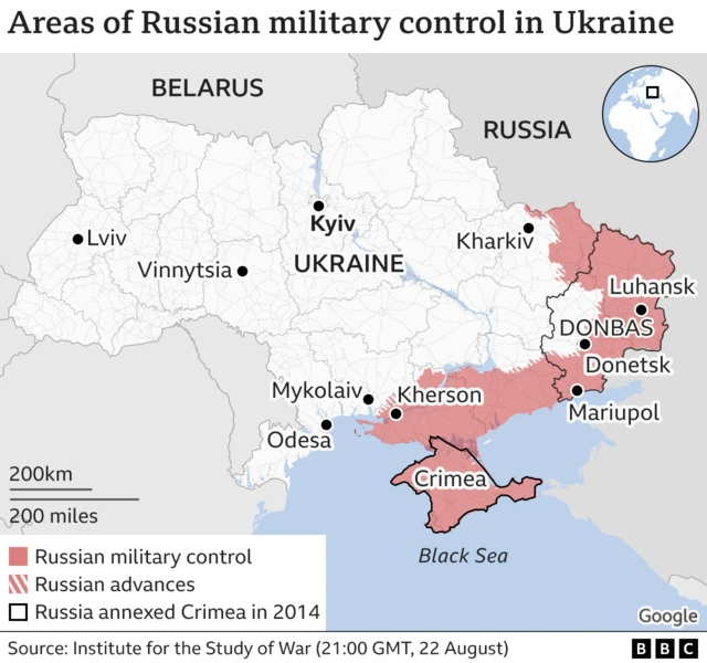 A BBC graphic showing overall control in Ukraine