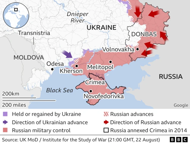 Map shows Russian control and advances over territory in the east and south of Ukraine, with some small areas of land regained by Ukraine and a counter-attack around Kherson in the south