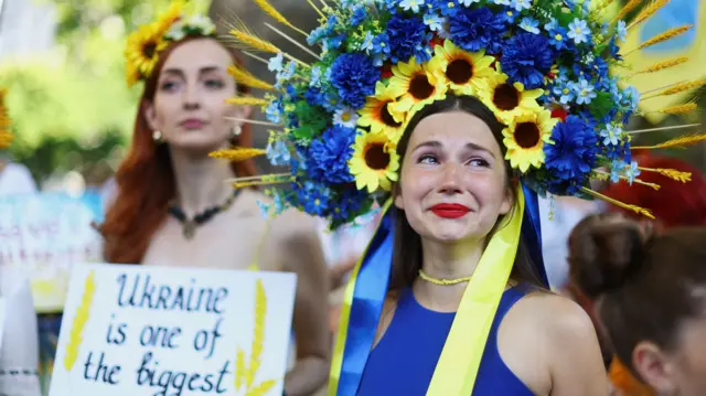 Protesters demonstrate against Russia's invasion of Ukraine, during a Ukrainian Independence Day rally outside Downing Street, London