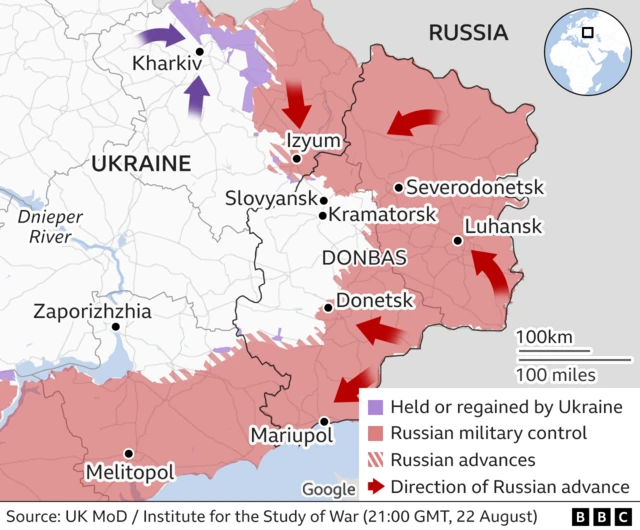 BBC map shows areas of Russian advances in Ukraine's east, with the area of the alleged strike remaining under Ukrainian control